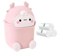 Mini Desk Bin, Cute Desktop Trash Can Wastebasket with 3 rolls Trash Bags, Creative Tiny Trash Can with Flip Lid, Cartoon Plastic Countertop Garbage Can for Bedroom, Kitchen, Office (Pink)