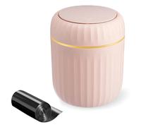 Mini Desktop Bin with Press Type Lid, 2.8L Small Bathroom Bin with Lid, Pink Desktop Trash, Plastic Waste Table Bin for Home, Office, Vanity Table Top, Bedroom with 1 Roll of Trash Bags - 13x13x16.5cm