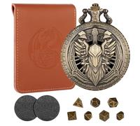 Mini Dice Set with Bronze Hollow Paladin Knight Warrior Pocket Watch Shell Case - D&D Gifts with Dice Bag, 7pcs Polyhedral Metal D&D Dice Set, Starter Set for Role Playing Board Games Accessories