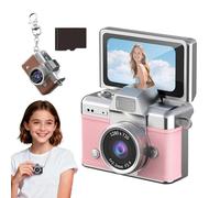 Mini Digital Camera with 1.47 in LCD Screen, 1080P Flip Screen Mini Digital Camera with Built-in Flash & Flip Display, with 64GB Card, Portable Keychain Cameras for Travel, Daily Vlogging (Pink)