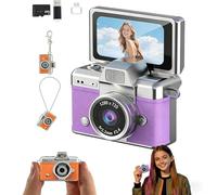 Mini Digital Camera with 1.47 in LCD Screen, 1080P Retro Keychain Camera with Built-in Flash & Flip Display, Free 64GB Memory Card, Portable Mini Camera for Travel & Daily Use(Purple)