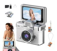 Mini Digital Camera with 1.47 In Lcd Screen, Thumb-Sized Flip Screen Mini Camera 1080p, Retro Wearable MiniCamera with 64gb Card, Tiny Keychain Camera for Travel & Daily Use (White)