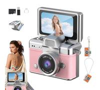 Mini Digital Camera with 1.47 In Lcd Screen, Thumb-Sized Flip Screen Mini Camera 1080p, Retro Wearable MiniCamera with 64gb Card, Tiny Keychain Camera for Travel & Daily Use (Pink)