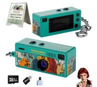 Mini Digital Keychain Camera Retro Compact Portable Thumb Camera with 1080p HD Resolution Rechargeable Battery Design Pocket-Sized Recorder Video Photography Device(Cyan-blue,Camera+32G)