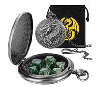 Mini DND Dice Set, 7-Piece Polyhedral Acrylic D&D Dice, with Steampunk Dragon Large Pocket Watch Case, DND Gift Bag with Dragon Logo, Role Play Board Game Accessories, Dark Silver + Green