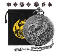 Mini DND Dice Set, 7-Piece Polyhedral Acrylic D&D Dice, with Steampunk Dragon Large Pocket Watch Case, DND Gift Bag with Dragon Logo, Role Play Board Game Accessories, Dark Silver + Brown