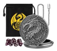 Mini DND Dice Set, 7-Piece Polyhedral Acrylic D&D Dice, with Steampunk Dragon Large Pocket Watch Case, DND Gift Bag with Dragon Logo, Role Play Board Game Accessories, Dark Silver + Purple