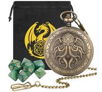 Mini DND Dice Set, 7pcs Polyhedral Acrylic Dice Set, with Octopus with Wings Pocket Watch Case, DND Starter Set, DND Gift Bag with Dragon Logo, Role Play Board Game Accessories, Bronze + Green