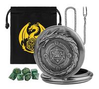 Mini DND Dice Set, 7pcs Polyhedral Acrylic Dice Set, with Steampunk Dragon Large Pocket Watch Case, DND Starter Set, DND Gift Bag with Dragon Logo, Role Play Board Game Accessories, Silver + Green