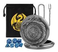 Mini DND Dice Set, 7pcs Polyhedral Acrylic Dice Set, with Steampunk Dragon Large Pocket Watch Case, DND Starter Set, DND Gift Bag with Dragon Logo, Role Play Board Game Accessories, Silver + Blue