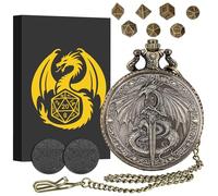 Mini DND Dice Set, Flying Dragon Holds Long Sword Pocket Watch Shell Case, DND Starter Set, 7pcs Polyhedral Metal Dice Set, D&D Gifts with Gift Box, Role Playing Board Game Accessories,Bronze