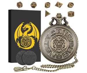 Mini DND Dice Set, Pocket Watch Case with Center Number Dice, 7 Piece Polyhedral Metal D&D Dice Set, DND Gifts with Gift Box, Role Playing Board Game Accessories, Bronze
