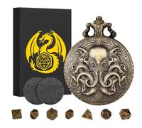 Mini DND Dice Set, Steampunk Double Eyed Octopus Pocket Watch Case, 7 Pieces Polyhedral Metal D&D Dice Set, DND Gifts with Dragon Logo Gift Box, Role Playing Board Game Accessories, Bronze