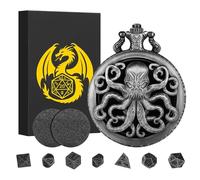 Mini DND Dice Set, Steampunk Hollow Octopus Pocket Watch Case, 7-Piece Polyhedral Metal, D&D Dice Set, DND Gifts with Gift Box, Role Playing Board Game Accessories, Dark Silver