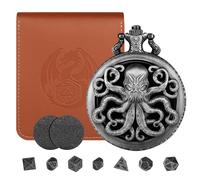 Mini DND Dice Set, Steampunk Hollow Octopus Pocket Watch Case, 7-Piece Polyhedral Metal, D&D Dice Set, DND Gifts with Leather Bag, Role Play Board Game Accessories, Dark Silver