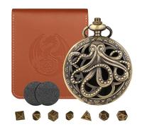 Mini DND Dice Set Steampunk Hollow Octopus Pocket Watch Shell Case, 7-Piece Polyhedral Metal D&D Dice Set, DND Gifts with Leather Bag, Role Playing Board Game Accessories Dice, Bronze