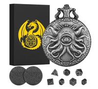 Mini DND Dice Set Steampunk One-Eyed Octopus Pocket Watch Case, 7-Piece Polyhedral Metal D&D Dice Set, DND Gifts with Gift Box, Roleplaying Board Game Accessory Dice, Dark Silver