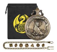 Mini DND Dice Set with Border Standing Dragon Pattern Pocket Watch Shell Case, DND Starter Set, 7pcs Polyhedral Mini Metal Dice Set, D&D Gifts with Gift Bag, Role Playing Board Game Accessories,Bronze