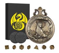 Mini DND Dice Set with Border Standing Dragon Pattern Pocket Watch Shell Case, DND Starter Set, 7pcs Polyhedral Mini Metal Dice Set, D&D Gifts with Gift Box, Role Playing Board Game Accessories,Bronze