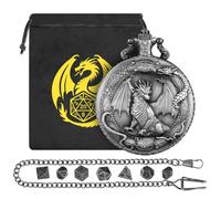 Mini DND Dice Set with Border Standing Dragon Pattern Pocket Watch Shell Case, DND Starter Set, 7pcs Polyhedral Metal Dice Set, D&D Gifts with Gift Bag, Role Playing Board Game Accessories, Silver