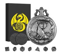 Mini DND Dice Set with Border Standing Dragon Pattern Pocket Watch Shell Case, DND Starter Set, 7pcs Polyhedral Mini Metal Dice Set, D&D Gifts with Gift Box, Role Playing Board Game Accessories,Silver