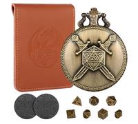 Mini DND Dice Set with Bronze Fighter Double Swords Pocket Watch Case, Gift with D&D Dice Bag, 7pcs Polyhedral Metal Dice Set, DND Starter Set, RPG Tabletop Games Accessories, Gifts for Men Women