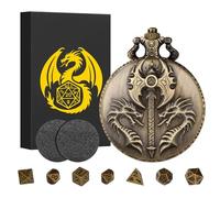 Mini DND Dice Set with Double headed Dragon(Top Double-Sided Axe) Pocket Watch Shell Case, 7pcs Polyhedral Metal DND Dice Set, D&D Gifts with Gift Box, Role Playing Board Games Accessories, Bronze