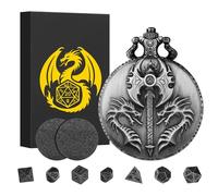 Mini DND Dice Set with Double headed Dragon(Top Double-Sided Axe) Pocket Watch Shell Case, 7pcs Polyhedral Metal DND Dice Set, D&D Gifts with Gift Box, Role Playing Board Games Accessories, Silver