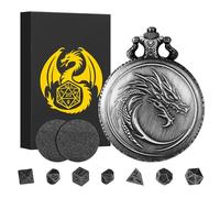 Mini DND Dice Set with Dragon Head Totem Pocket Watch Shell Case, 7pcs Polyhedral Metal Dice Set, D&D Starter Set, DND Gifts with Dragon Logo Gift Box, Role Playing Board Games Accessories, Silver
