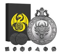 Mini DND Dice Set with Dragon Heads Pocket Watch Shell Case, D&D Starter Set, 7pcs Polyhedral Mini Metal Dice Set, DND Gifts with Gift Box, Role Playing Board Game Accessories, Silver