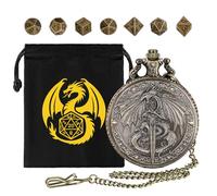 Mini DND Dice Set with Flying Dragon Holds Long Sword Pocket Watch Shell Case, 7pcs Polyhedral Metal Dice Set, D&D Starter Set, DND Gifts with Gift Bag, Role Playing Board Games Accessories, Bronze