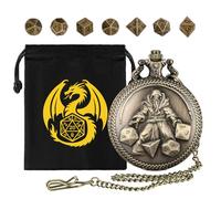 Mini DND Dice Set with Hand held Dice Wizard Pocket Watch Shell Case, 7pcs Polyhedral Metal Dice Set, D&D Starter Set, DND Gifts with Gift Bag, Role Playing Board Games Accessories, Bronze