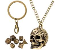 Mini DND Dice Set with Keychain Necklace Pocket Chain Hollow Skull Head Metal Case, 7pcs Polyhedral Metal D&D Dice Set, DND Gifts with Gift Box, Role Playing Board Games Accessories, Bronze
