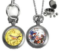 Mini DND Dice Set with Pocket Watch 2Pack, Small Metal Dice for Dungeons and Dragons/D&D Gifts, Tiny Dice Portable Necklace Keychain Dice Great RPG Accessories for Men Women Gamers(Flower & Bird-A)