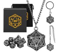 Mini DND Dice Set with Portable Keychain Necklace Pocket Chain Hollow D20 Metal Case, Tiny 7pcs Polyhedral Metal D&D Dice Set, DND Gifts with Gift Box, Role Playing Board Games Accessories, Silver