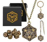 Mini DND Dice Set with Portable Keychain Necklace Pocket Chain Hollow D20 Metal Case, Tiny 7pcs Polyhedral Metal D&D Dice Set, DND Gifts with Gift Box, Role Playing Board Games Accessories, Bronze
