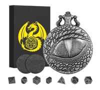 Mini DND Dice Set with Retro Dragon's eyes Pocket Watch Shell Case, DND Starter Set, 7pcs Polyhedral Mini Metal Dice Set, D&D Gifts with Gift Box, Role Playing Board Game Accessories, Silver