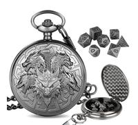 Mini DND Dice Set with Retro Five Dragon Heads Pocket Watch Shell Case, DND Starter Set, 7pcs Polyhedral Mini Metal Dice Set, D&D Gifts with Gift Box, Role Playing Board Game Accessories, Silver, Dark
