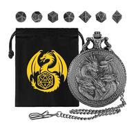 Mini DND Dice Set with Retro Five Dragon Heads Pocket Watch Shell Case, DND Starter Set, 7pcs Polyhedral Metal Dice Set, D&D Gifts with Gift Bag, Role Playing Board Game Accessories, Silver