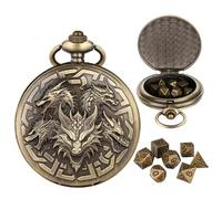 Mini DND Dice Set with Retro Five Dragon Heads Pocket Watch Shell Case, DND Starter Set, 7pcs Polyhedral Mini Metal Dice Set, D&D Gifts with Gift Box, Role Playing Board Game Accessories, Bronze