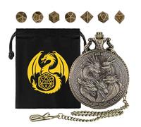 Mini DND Dice Set with Retro Five Dragon Heads Pocket Watch Shell Case, DND Starter Set, 7pcs Polyhedral Metal Dice Set, D&D Gifts with Gift Bag, Role Playing Board Game Accessories, Bronze