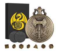 Mini DND Dice Set with Steampunk Barbarian Axe Pocket Watch Shell Case, 7pcs Polyhedral Metal Dice for Role Playing Board Games - Gift Box and Accessories, Bronze