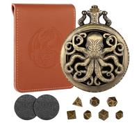 Mini DND Dice Set with Steampunk Bronze Hollow Octopus Pocket Watch Case, Gifts with Dice Bag, 7pcs Polyhedral Metal D&D Dice Set, DND Starter Set, Role Playing Board Games Accessories