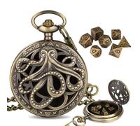 Mini DND Dice Set with Steampunk Bronze Octopus Pocket Watch Shell Case, 7pcs Polyhedral Metal Dice Set with Chain, DND Beginner Set, Role Playing Board Games Accessories D&D Xmas Gifts