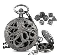 Mini DND Dice Set with Steampunk Dark Silver Octopus Pocket Watch Shell Case, 7pcs Polyhedral Metal Dice Set with Chain, DND Beginner Set, Role Playing Board Games Accessories D&D Xmas Gifts