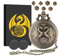 Mini DND Dice Set with Steampunk Double Dragon Pocket Watch Case, Tiny 7-Piece Polyhedral Metal D&D Dice, DND Gifts with Gift Box, Role Playing Game Board Game Accessories Dice, Bronze