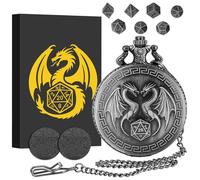 Mini DND Dice Set with Steampunk Double Dragon Pocket Watch Case, Tiny 7-Piece Polyhedral Metal D&D Dice, DND Gifts with Gift Box, Role Playing Game Board Game Accessories Dice, Silver