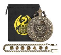Mini DND Dice Set, with Steampunk Dragon Head Pocket Watch Shell Case, 7-Piece Polyhedral Metal D&D Dice, DND Gift Bag with Dragon Logo, RPG, MTG, Role Play Board Game Accessories, Bronze