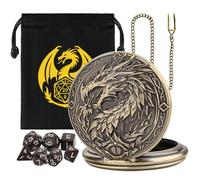 Mini DND Dice Set with Steampunk Dragon Large Pocket Watch Shell Case, 7-Piece Polyhedral Acrylic D&D Dice, DND Gift Bag with Dragon Logo, Role Play Board Game Accessories, Bronze + Brown