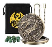 Mini DND Dice Set with Steampunk Dragon Large Pocket Watch Shell Case, 7-Piece Polyhedral Acrylic D&D Dice, DND Gift Bag with Dragon Logo, Role Play Board Game Accessories, Bronze + Green